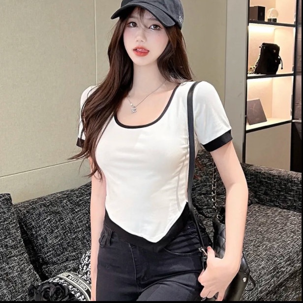 Gadis Panas Musim Panas Baru T-shirt Berulir Lengan Pendek Warna Solid Leher U Jahitan Elastis Ketid
