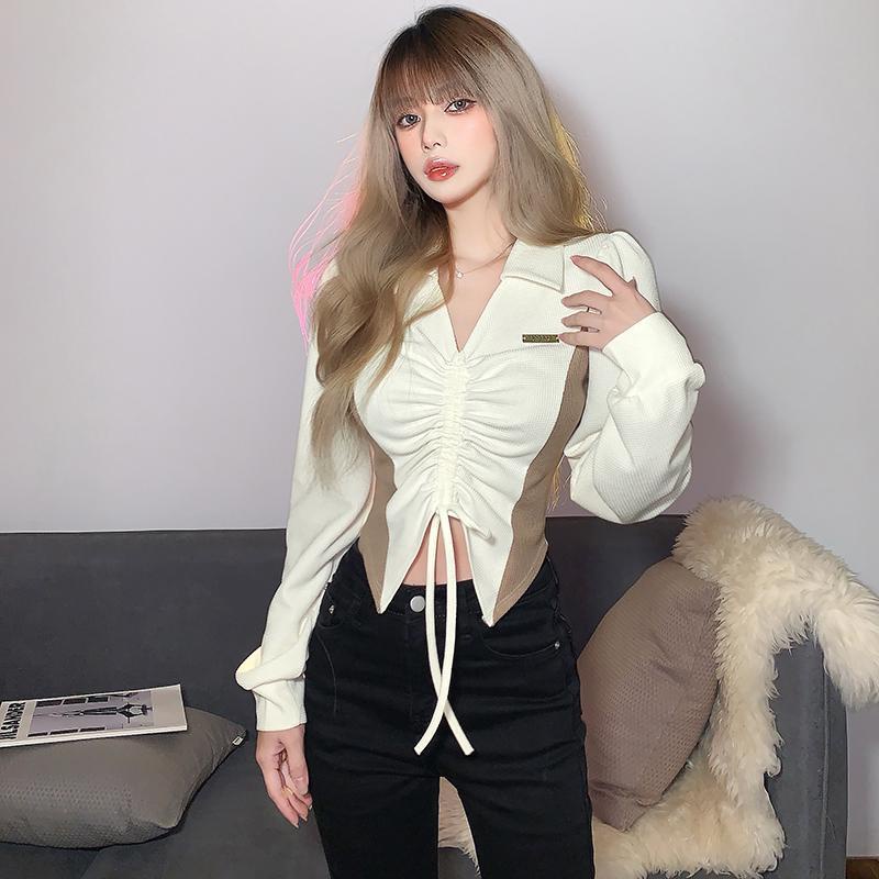 Suhao Gaun Musim Semi Eropa dan Amerika Baru Warna Solid Slim Crop Fashion Turtleneck Shirring Lengan Panjang T-Shirt Wanita