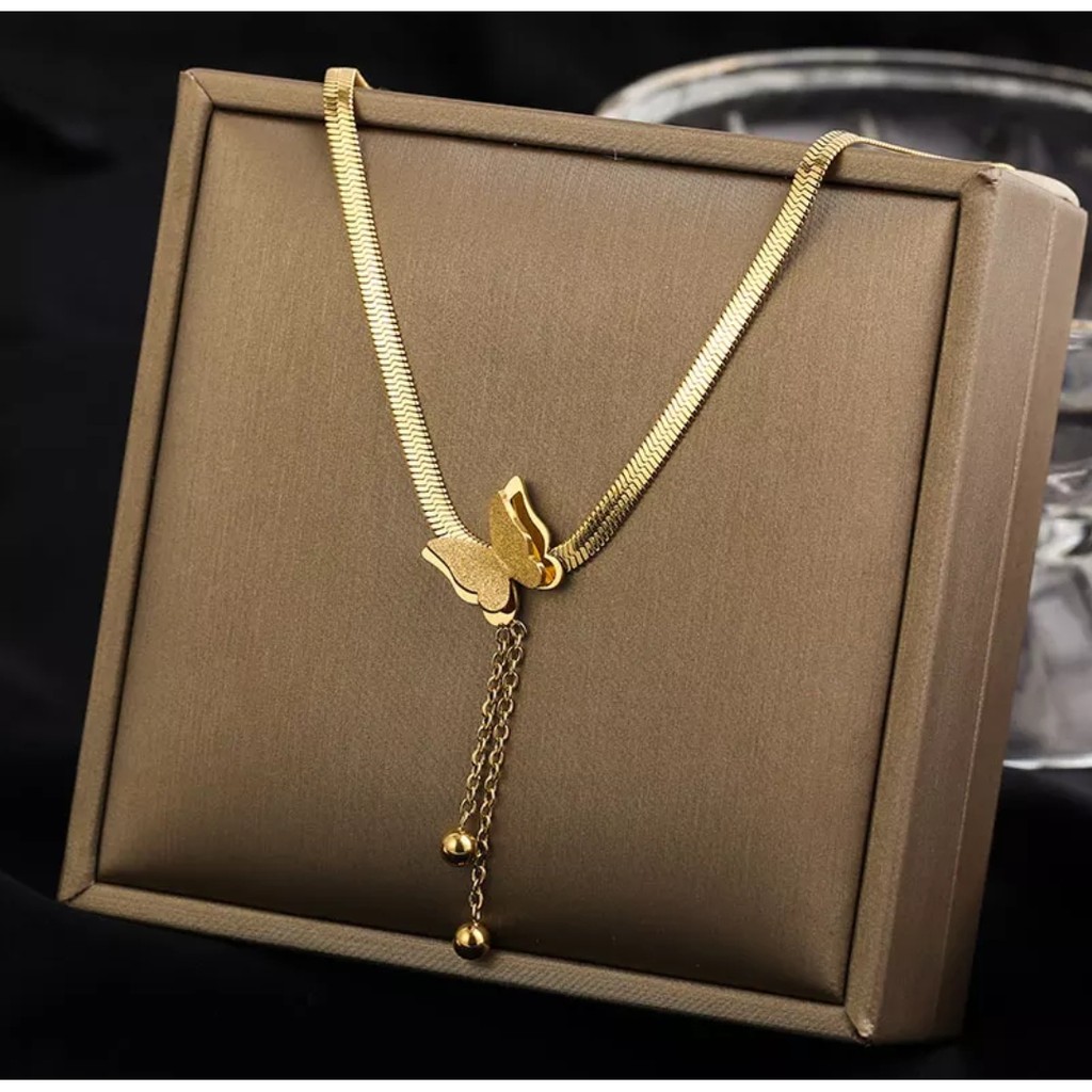 Kalung Rantai Belut Titanium Model Kupu - Kupu Rumbai Tersedia Warna Gold, Rose Gold dan Silver