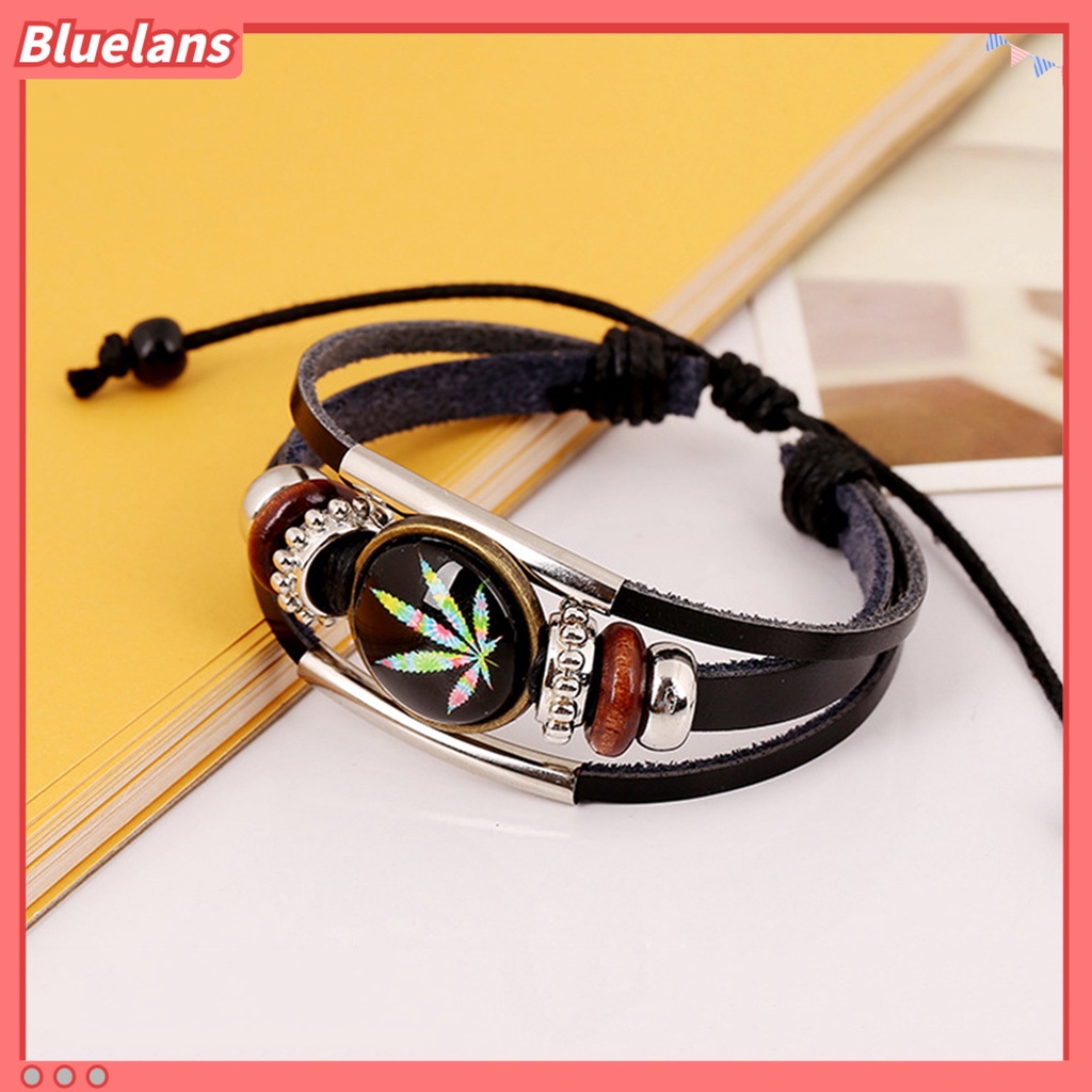 Bluelans Punk Unisex Maple Leaf Beads Faux Leather Wristband Jewelry Party Club Bracelet