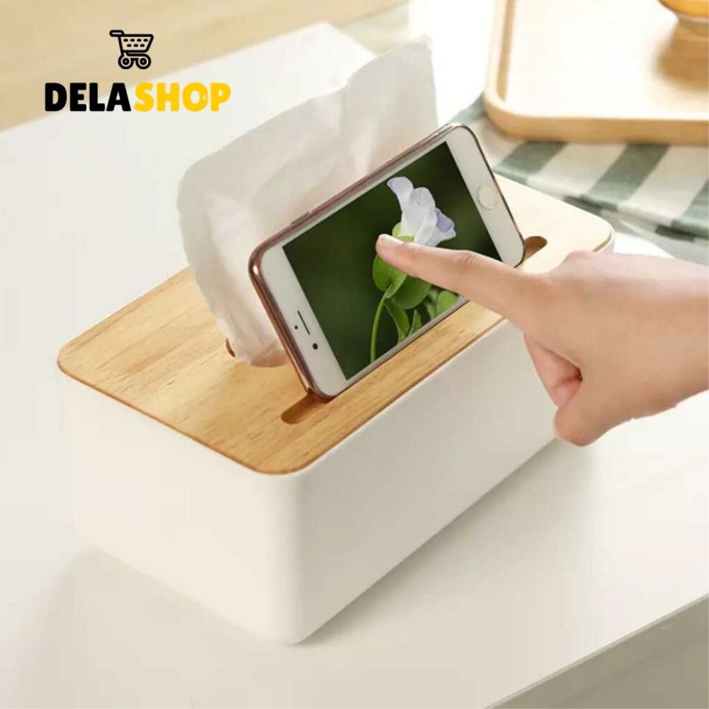 Kotak Tisu Kayu dengan Smartphone Holder - White