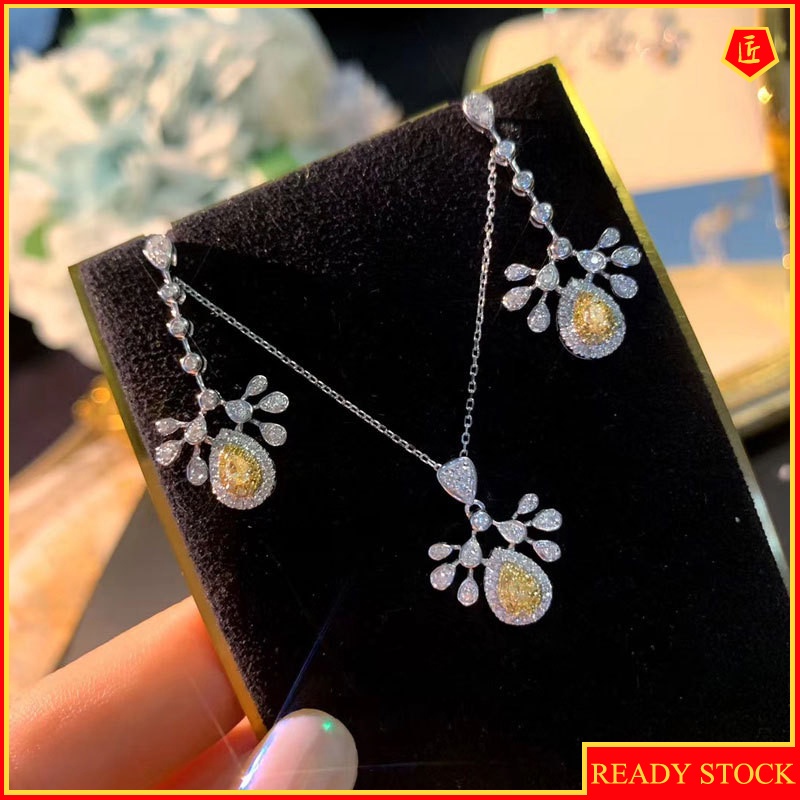 [Ready Stock]INS Fashion Luxury New Yellow Diamond Ear Stud Necklace Suit