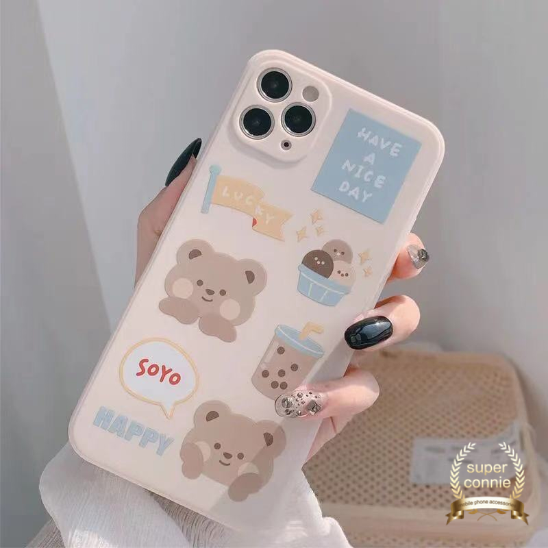 Kawaii Letter Case Kompatibel Untuk iPhone 7Plus 13 11 14 12 Pro Max X XR 7 8 6S 6 Plus XS Max SE 2020 Kartun Beruang Lucu Teh Susu Lembut tpu Penutup Tepi Lurus