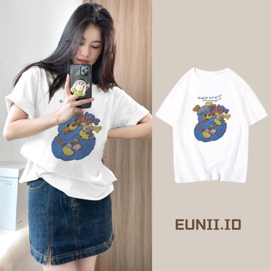 EUNII T-shirt Lengan Pendek ️Cetakan Boneka Longgar Korean Style/Kaos Atasan Wanita/Baju Kaus Oversize Wanita