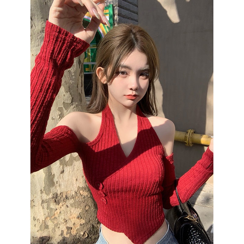 impor kemeja wanita bottoming halter neck sweater off-shoulder atasan tidak beraturan sweater V-neck