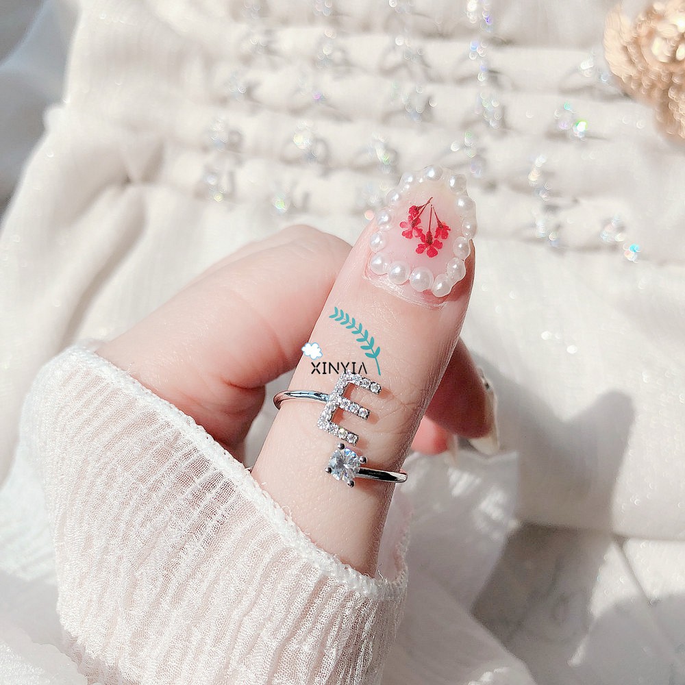 1Pc Cincin Terbuka Adjustable Motif Huruf Alfabet Inggris Hias Berlian Imitasi Untuk Wanita