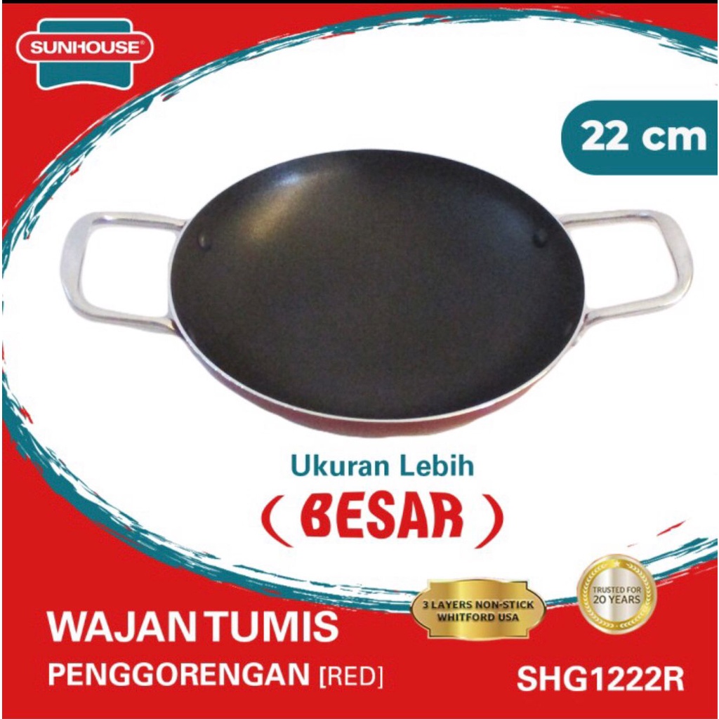 Wajan Tumis Sunhouse SHG 1222R Anti Lengket Hitam Merah 22cm