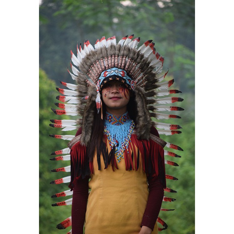 TOPI INDIAN - INDIAN HEADDRESS LONG ANGSA MONTE PUTIH MERAH COKLAT