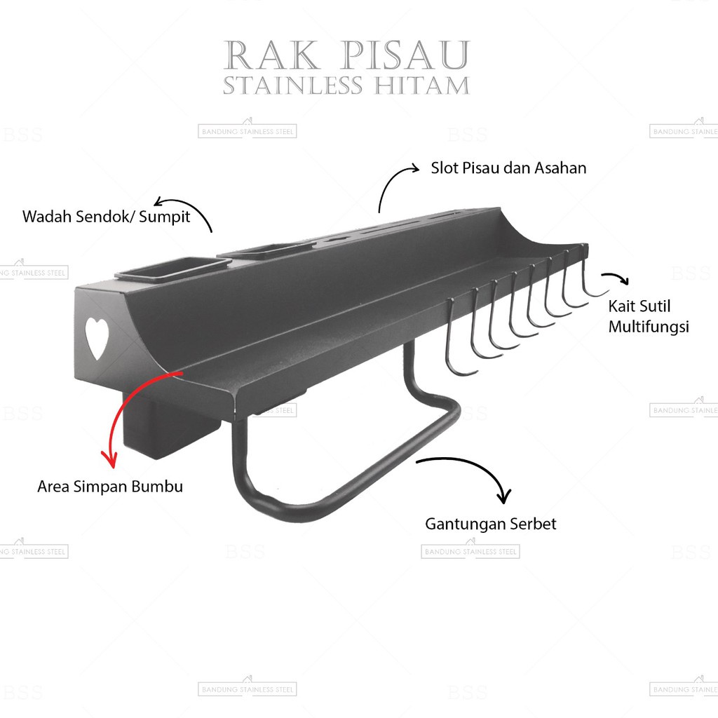 Rak Pisau Stainless Hitam Kait Gantung Sutil Bumbu Dapur Alat Makan