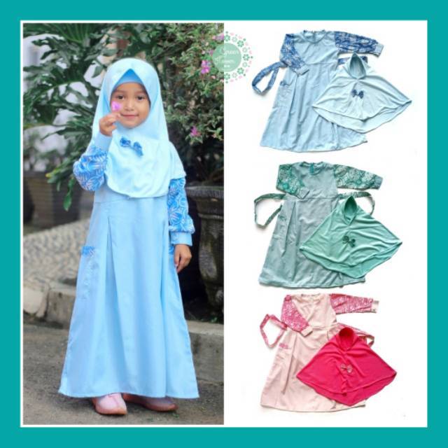 Baju muslim / gamis modern anak perempuan katun batik polos pink hijau biru