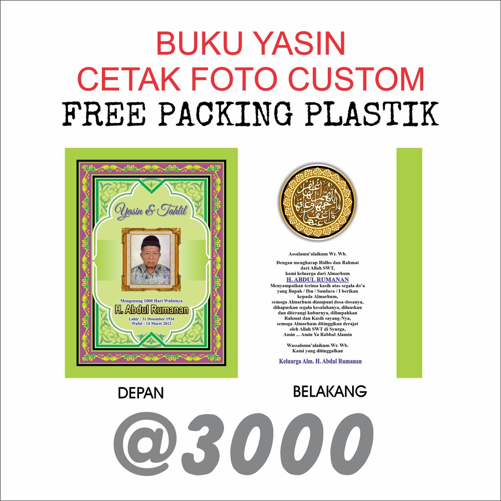 Buku Yasin & Tahlil Custom Gratis Desain & Cetak Foto