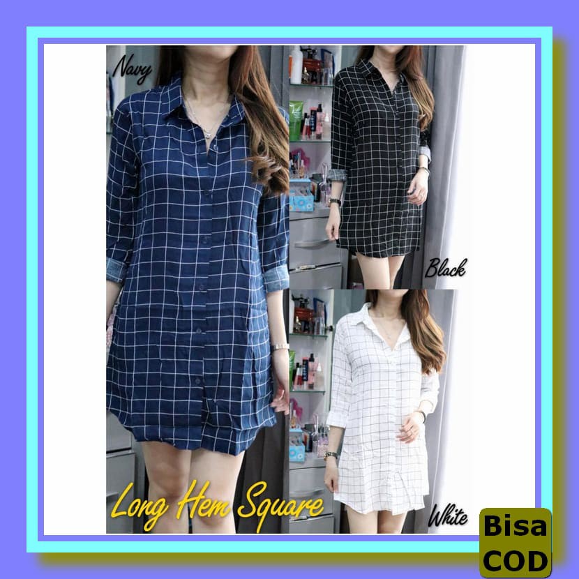 Kemeja Wanita Casual Korea Lengan Panjang Hem Cewek Korean Style  NQ146 [Long Hem Square Bc]Kemeja