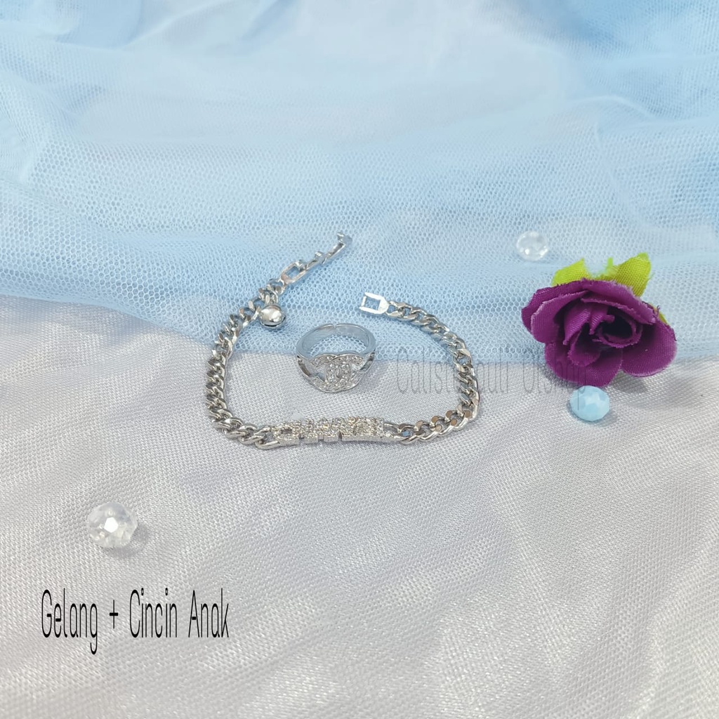 GELANG+CINCIN ANAK  SILVER MOTIF PLAT ANAK PERHIASAN EMAS KOREA ANTI KARAT DAN ANTI LUNTUR