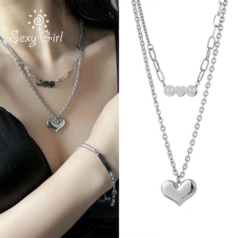 Kalung Rantai Ganda Liontin Smiley Hati Gaya Retro Hip-hop Untuk Wanita