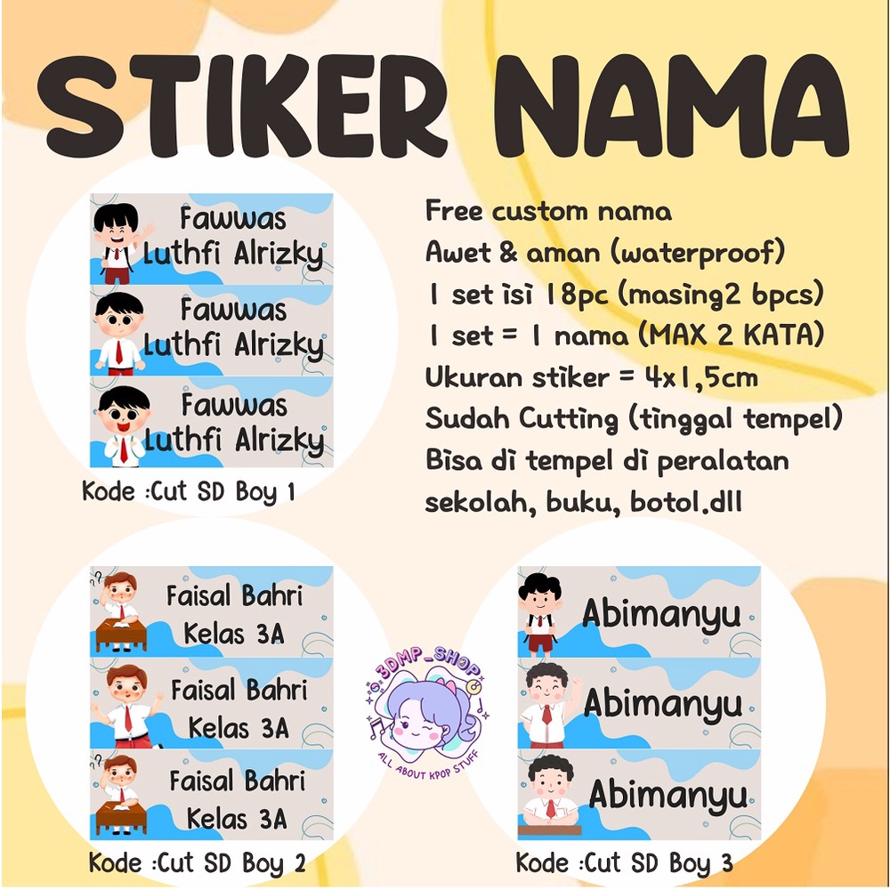 Stiker label nama custom request buku botol cutting anak perempuan sd laki laki pria muslim faceless cutting