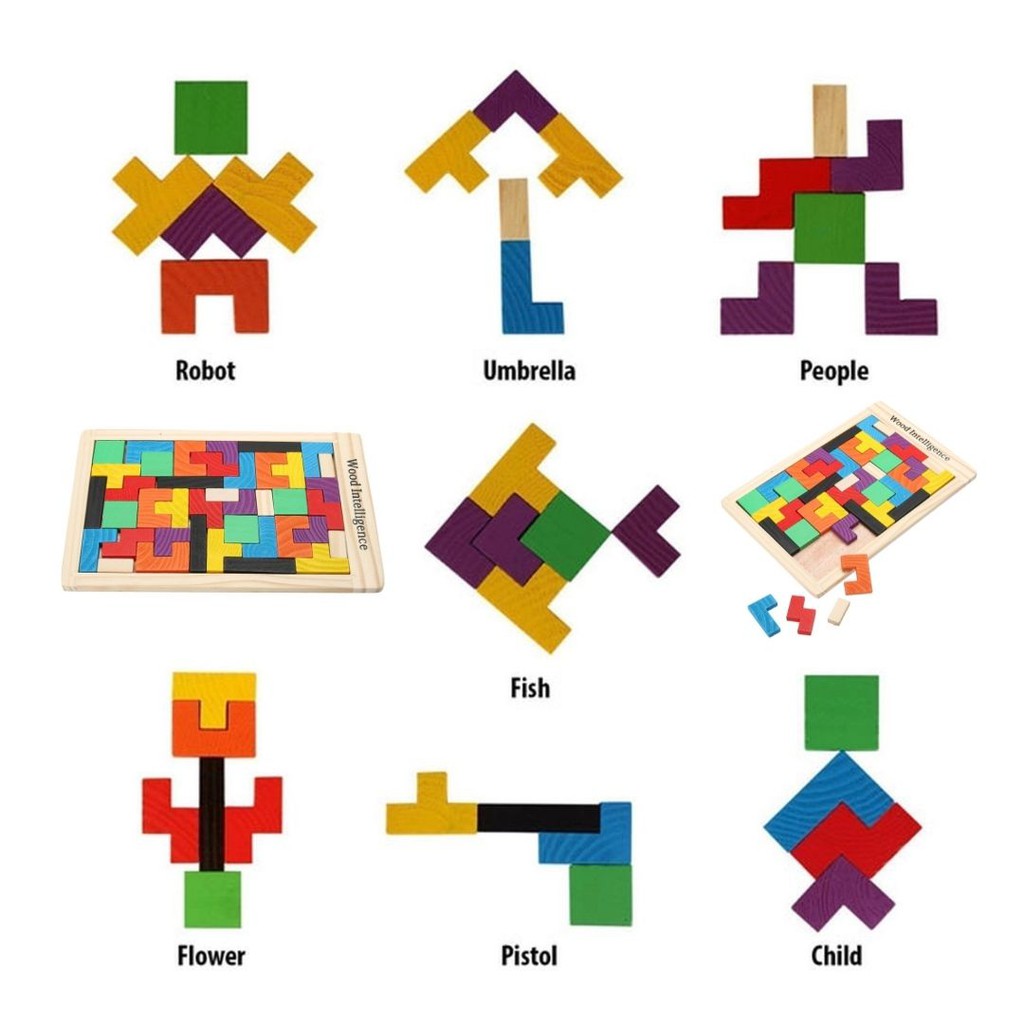 Puzzle Tangram Tetris 1D Wood Mainan Kayu Edukasi Multicolor 111124