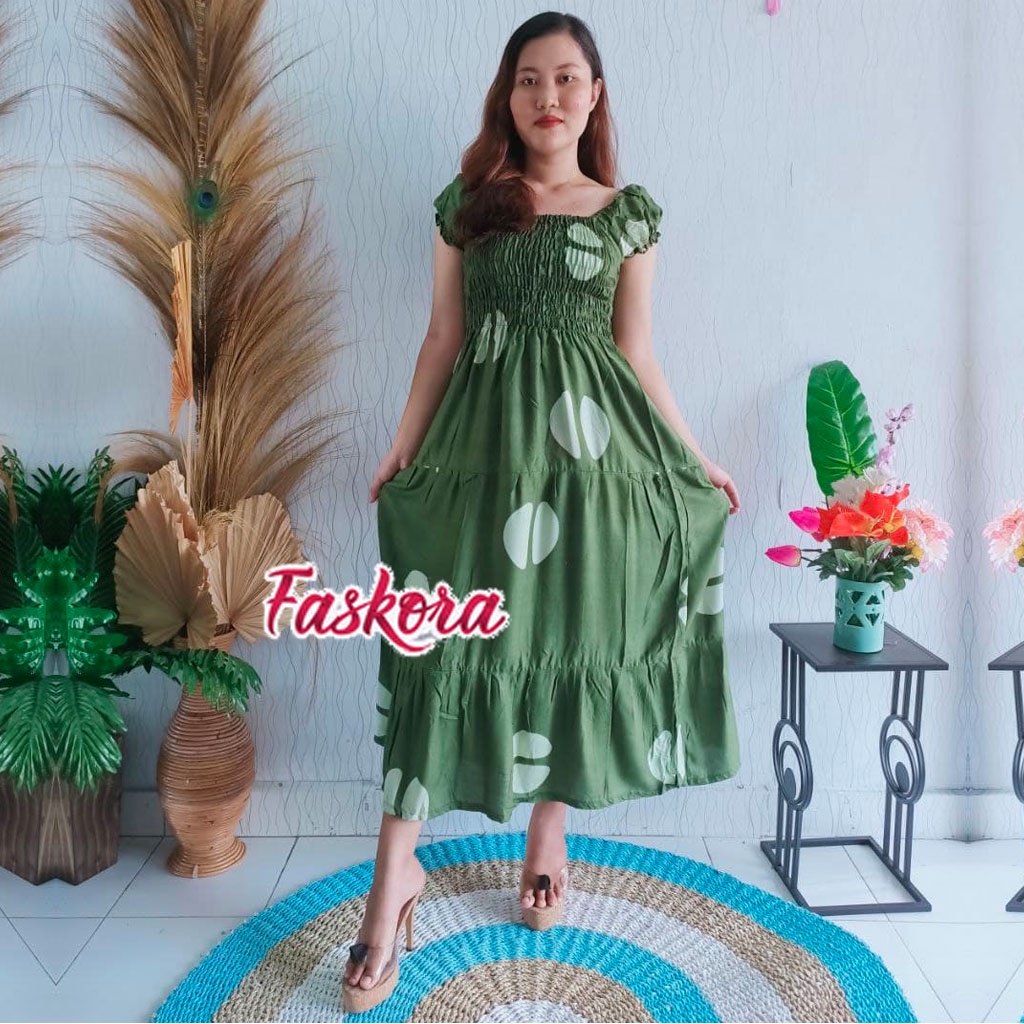 Dress Wanita Kerut Dada Bali Panjang Sabrina Rayon Jumbo Lengan Pendek Motif Kopi