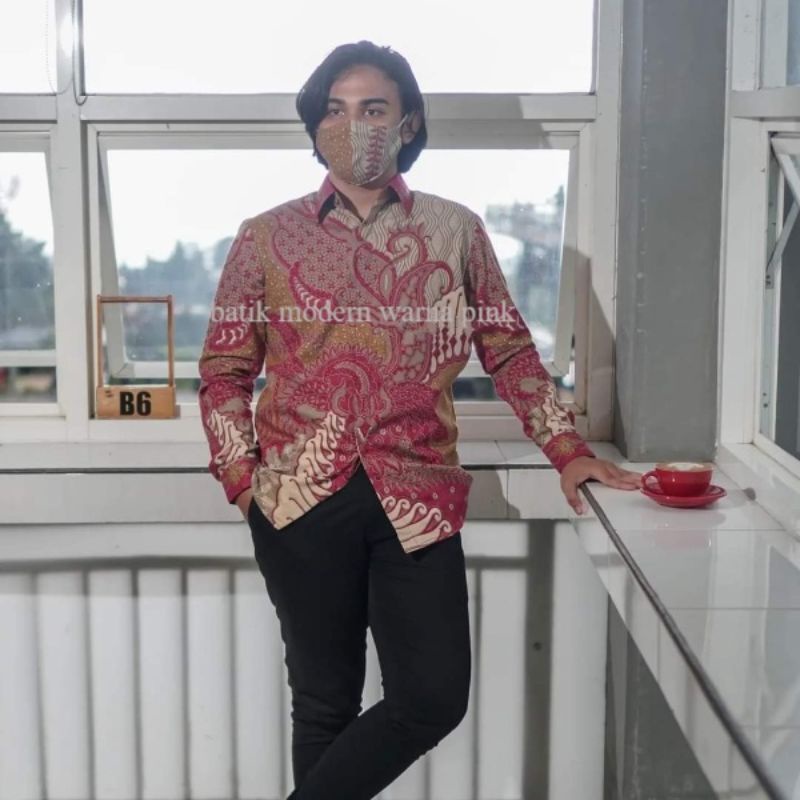 BATIK PRABU PINK ATASAN BATIK BAJU BATIK KEMEJA BATIK PRIA PINK FULL FURING  LENGAN PANJANG