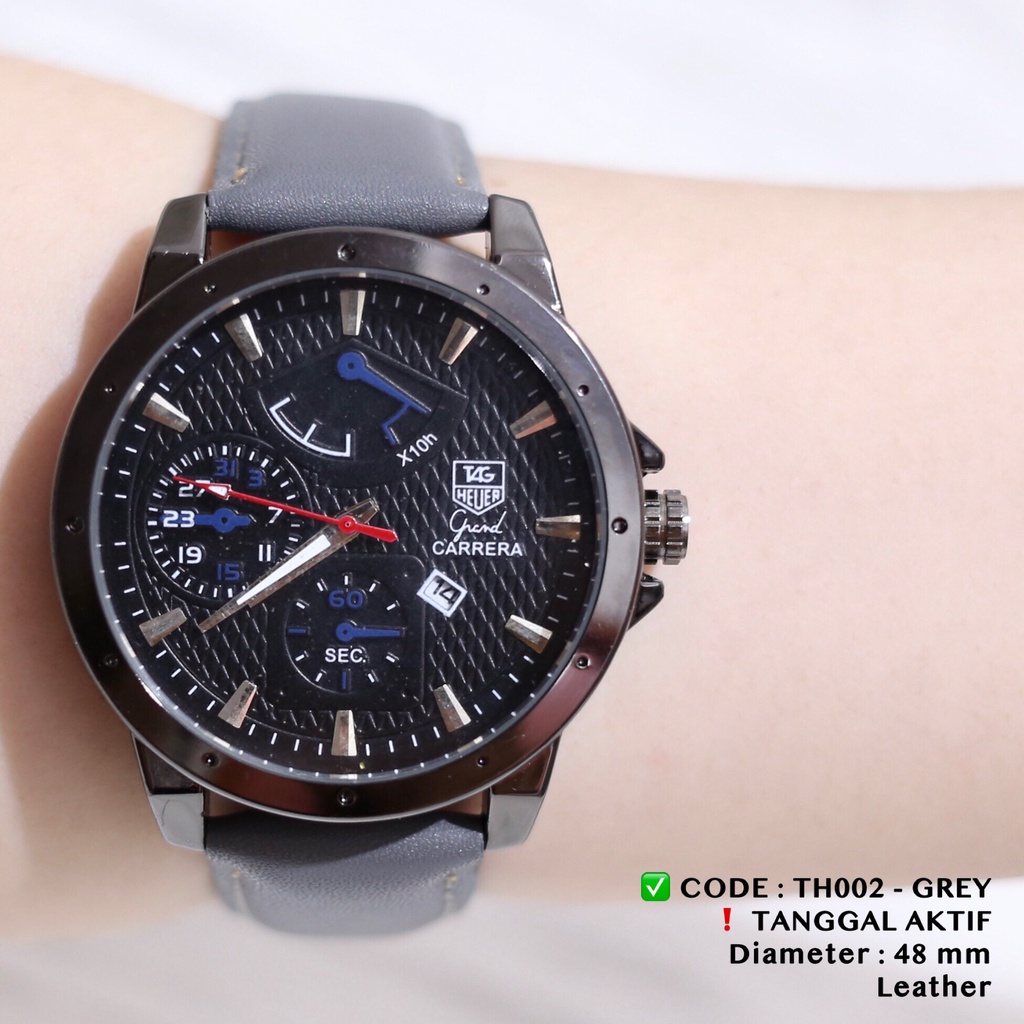 Jam tangan pria tanggal aktif tali kulit leather free baterai fashion cowok TH001