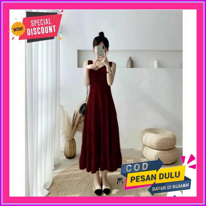 Kstyle // Dress Korea Wanita Sabrina Korea Daun Florah Merah Bata Casu Lala Dress Rajut Maroon [Dre