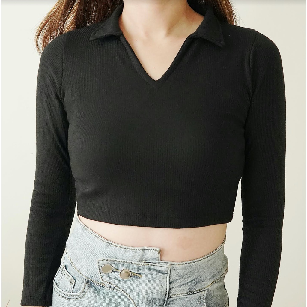 Korean Longsleeve Crop Top Baju Lengan Panjang V-Neck Croptop Lengan Panjang Wanita 133