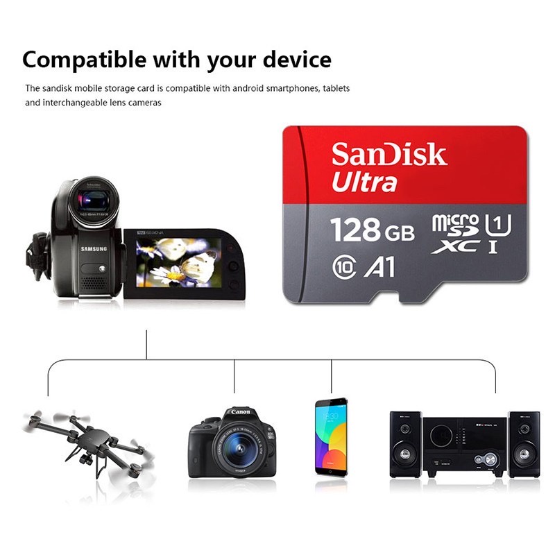 Memory Card Micro SD 32GB 64GB 128GB 256GB Class10 A1 100Mbps Sandisk Original SD Card with Adapter