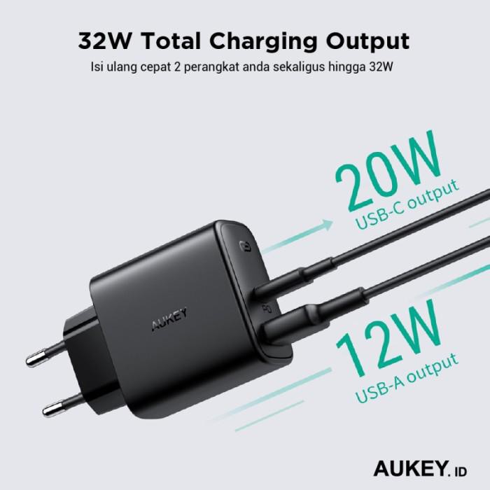 Aukey Adapter Charger PD Type C + USB 32W PA-F3S - SKU : 500708