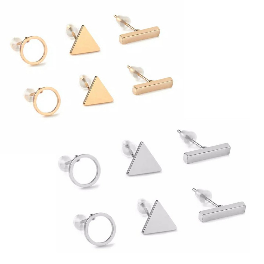 3 Pasang Anting Tusuk Wanita Cubic Triangle Geometric Shaped Stud Earrings