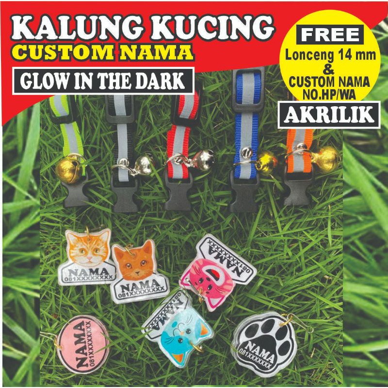 KALUNG KUCING NAMA CUSTOM GLOW  IN THE DARK  AKRILIK 2 SISI