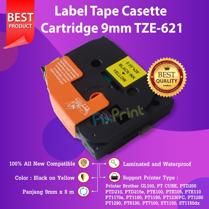 Brother Label Tape TZE-621 9mm Black On Yellow PT-D600 E800T E850TKW  Brother GL100, PT CUBE, PTD200, PTD210, PTD215e, PTE100, PTE105, PTE110, PTH100, PTH101C, PTH105, PTH110, PT128AF, PT200, PT1000, PT1010, PT1090, PT1090BK, PT1100, PT1100sb, PT1120, PT1