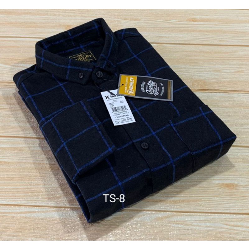 Kemeja Flanel Pria Lengan Panjang Slim Fit Hem Pria Garis Kotak Biru