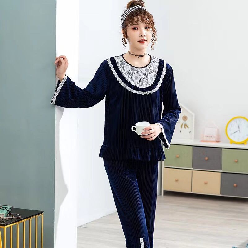 JC- Set Piyama Bulu Bludru PP / Piyama Kimono wanita terbaru / Stelan Bludru Premium import Murah-Bludru Lace Navy PP