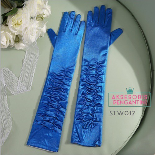 [BISA COD] SARUNG TANGAN AKSESORIS PENGANTIN WEDDING GLOVES SATIN PANJANG BIRU STW017