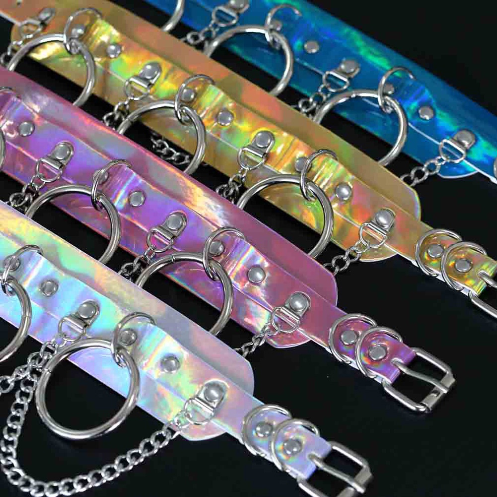 Hu Hu Hu Hu Hu Alat Bantu Pasang Kacamata♡ Kalung Choker Rantai Adjustable Warna Laser Gaya Punk Untuk Wanita