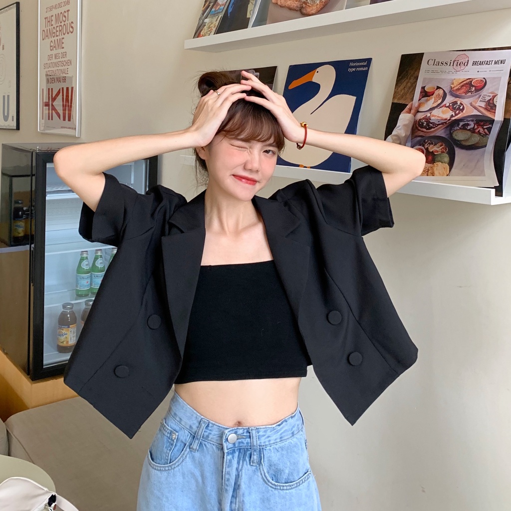 XIAOZHAINV Jaket Jas Lengan Pendek Tube Top Pinggang Tinggi Korea