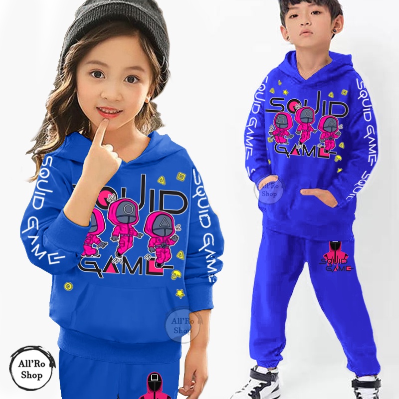 COD Baju Setelan Hoodie Anak Remaja ABG UNISEX Olahraga Senam Lengan Panjang Motif Squid Game Karakter Chibi Kukuma Usia 1 sampai 13 tahun ARS 64