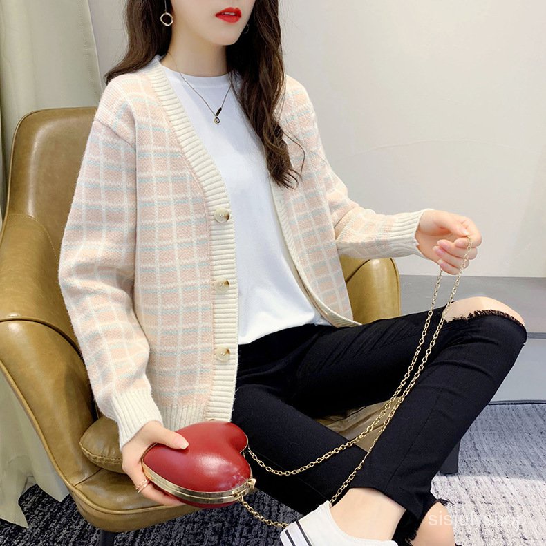 #Sisjuly# Wanita Kotak-kotak Sweater Jaket Baru Single Breasted Pakaian Luar V Neck Knit Cardigan Wa