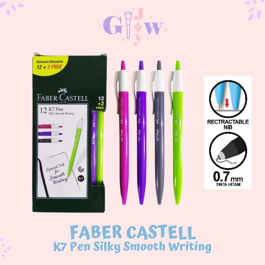 A54 FABER CASTELL 0.7mm K7 pen silky smooth writing ballpoint ball pen bulpen pulpen alat tulis kantor tinta atk warna hitam biru murah asli hijau pink merah muda lime ungu lilac green purple abu grey