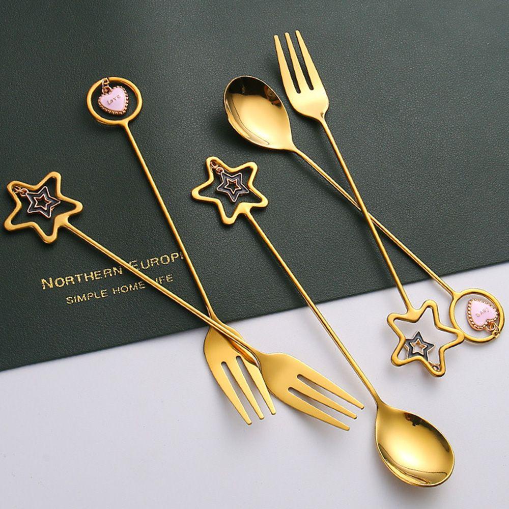 Top Sendok Kopi304 Stainless Steel Stirring spoon Fork Dengan Liontin Cantik Sendok Teh