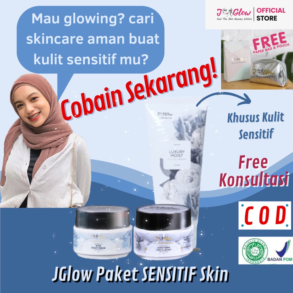 JGlow Paket Sensitif Kecantikan Perawatan kulit wajah sensitif Krim pemutih wajah glowing aman BPOM