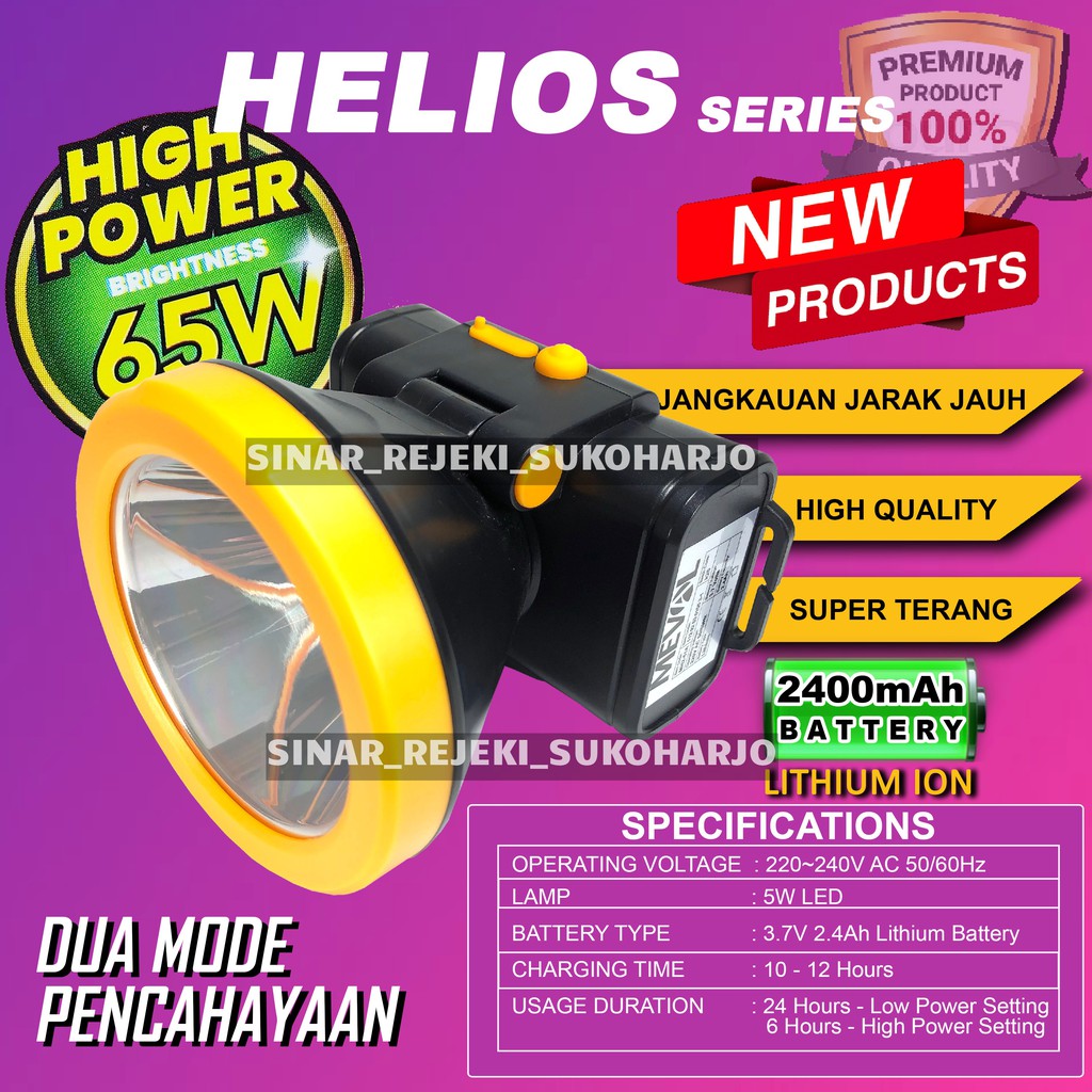 Meval Senter Cas Kepala Jumbo Lithium Sorot Jarak Jauh Helios 65 Watt 30 Watt HEAD LAMP HEADLAMP Charge Baterai Isi Ulang