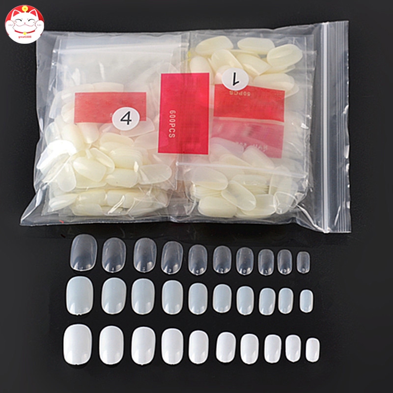 600pcs Kuku Palsu Pendek Bentuk Bulat Bahan Akrilik Untuk Nail Art Diy