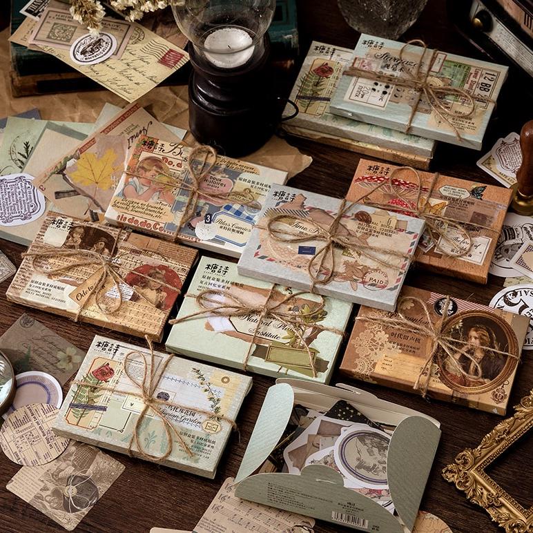 

((BISA COD)) Journamm 60pcs/boxed Vintage Boxed Stickers for Scrapbooking Junk Journal School Supplies Creative Stationery DIY Deco Stickers