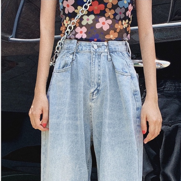 Korean New Women's Loose High Waist Wide Leg pengait celana Jeans