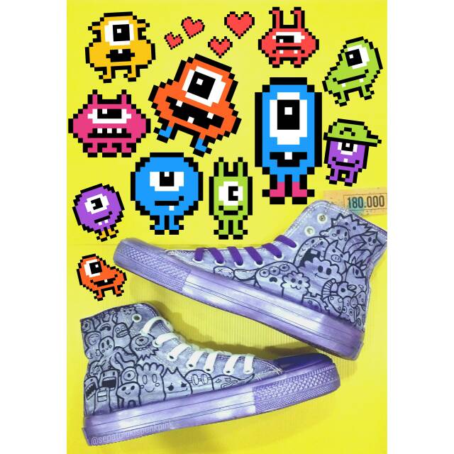 Size 38 Sepatu lukis painting shoes high converse painting doodle art ungu purple metalik glitter