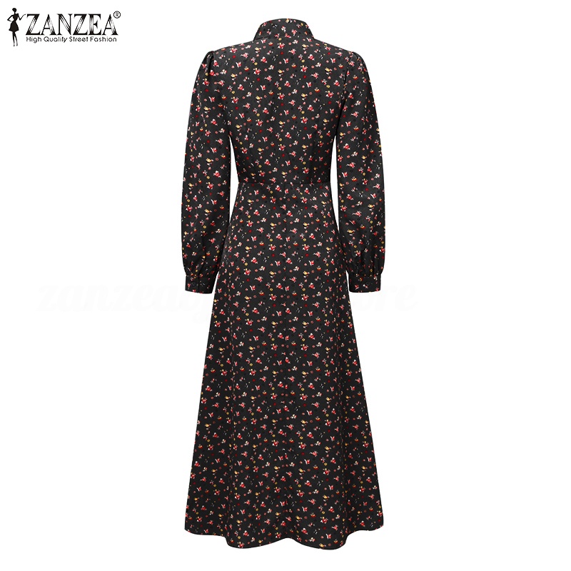 ZANZEA Women Casual Bohemina Vintage Print Tie Front Maxi Dress