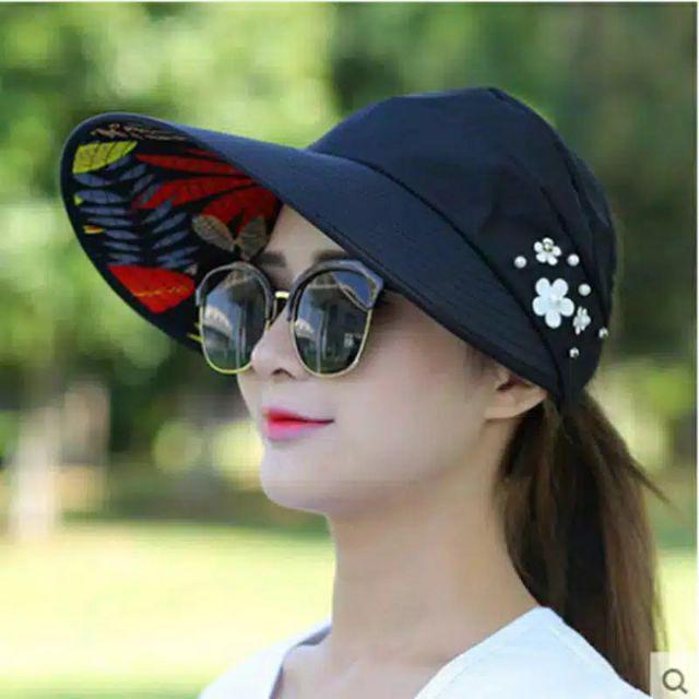Topi Visor Lipat Wanita Casual Pelindung Sinar UV Anti UV Untuk Pantai-Hitam