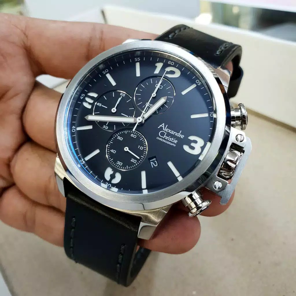 ALEXANDRE CHRISTIE ORIGINAL AC6280 TALI KULIT HITAM SILVER JAMTANGAN PRIA