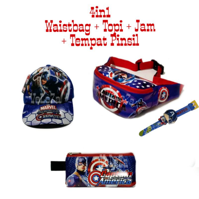 Paket 4in1 anak Waist bag anak superhero + topi + jam + tempat Pinsil