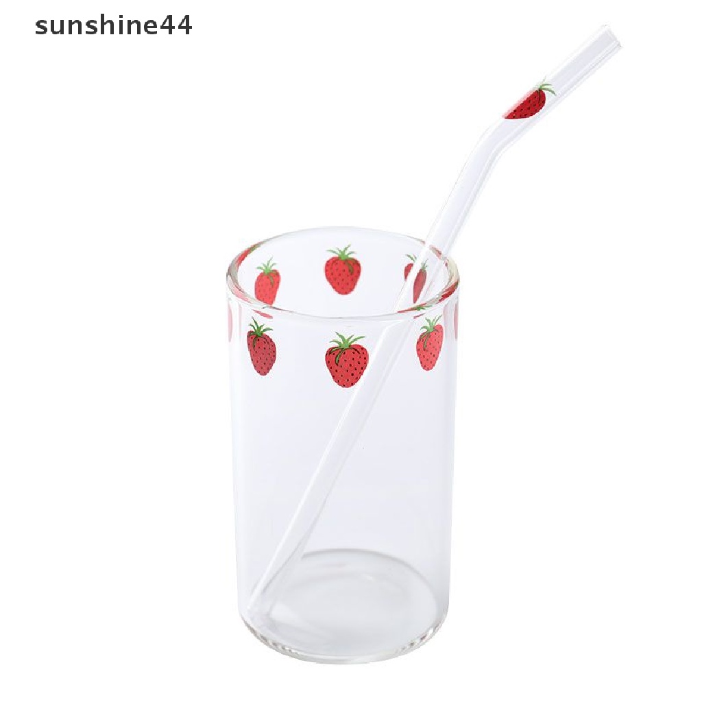 Sunshine Ins Nana Gelas Kopi / Susu / Jus / Smoothie Motif Strawberry Tahan Panas Dengan Sedotan